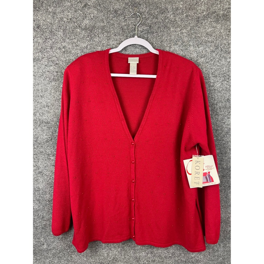 Koret Cardigan Sweater Womens 1X Red New Pointelle Beaded Button Front V-Neck